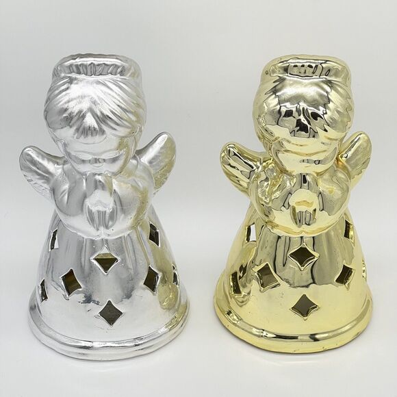 Vintage Praying Angel Candle Holder 6.5” Figurines Set of 2 Gold & Silver Tone - Picture 3 of 16